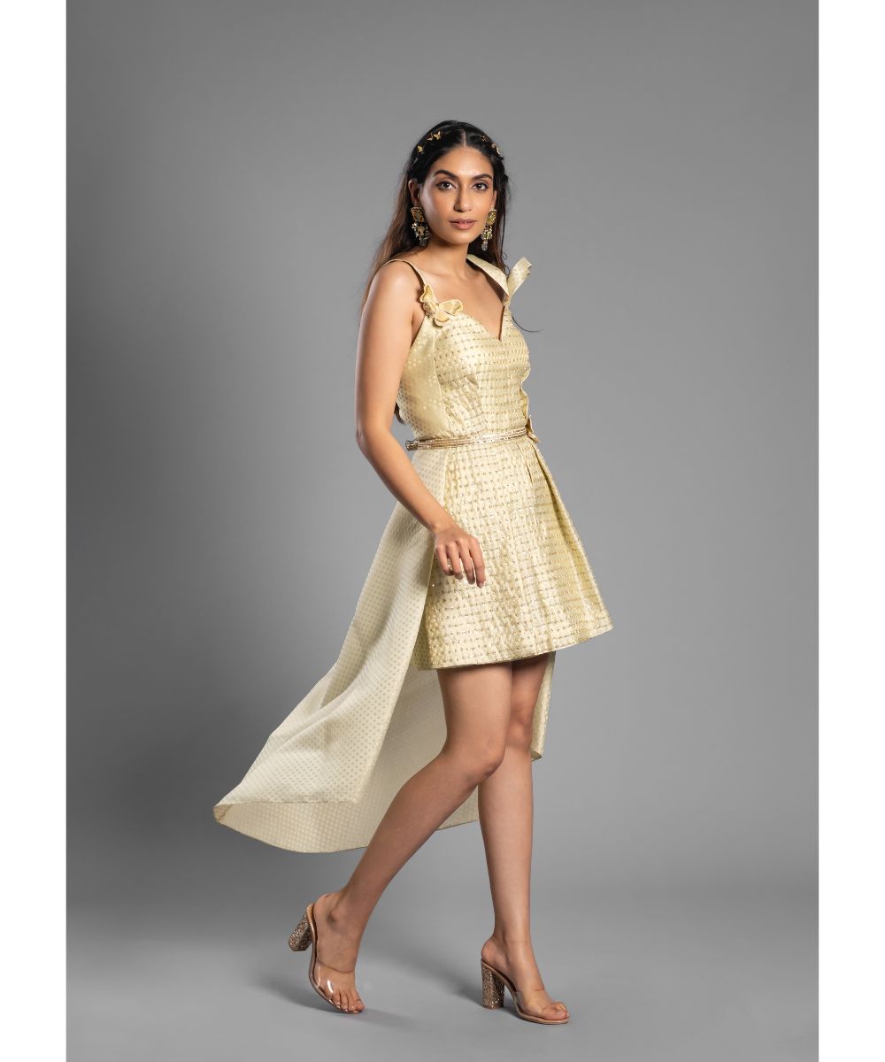 Aastha Sood - Ivory Brocade Embroidered Dress Sweetheart Neckline