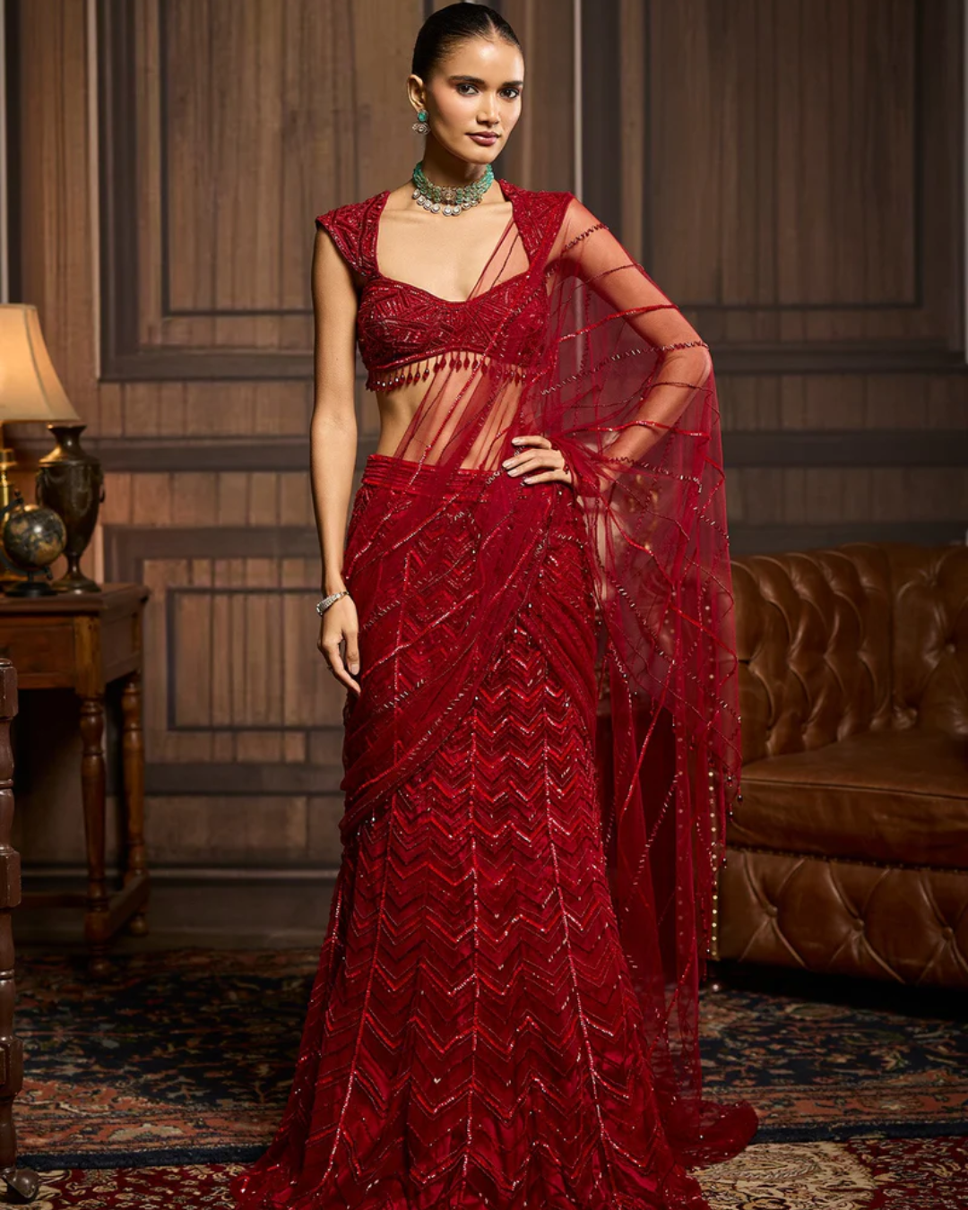 Diya Rajvvir - Red Embellished Blouse And Pre-Draped Dhoti Saree Set from Taara