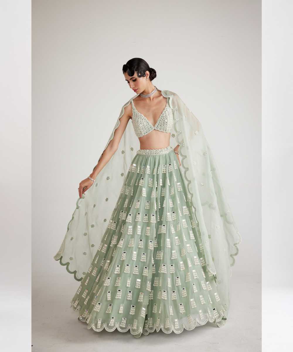 Powder Mint Green Chandelier Drop Lehenga Set - Collection name Piroi by Vvani vats