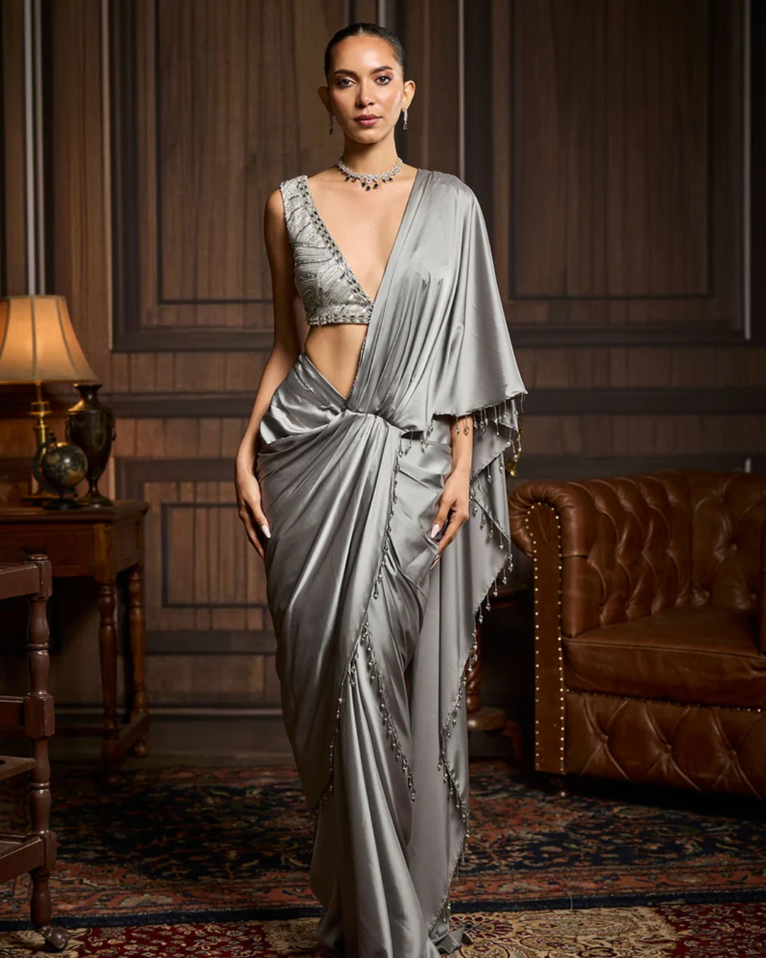 Diya Rajvvir - Silver Embellished Blouse And Pre-Draped Saree Set from Taara