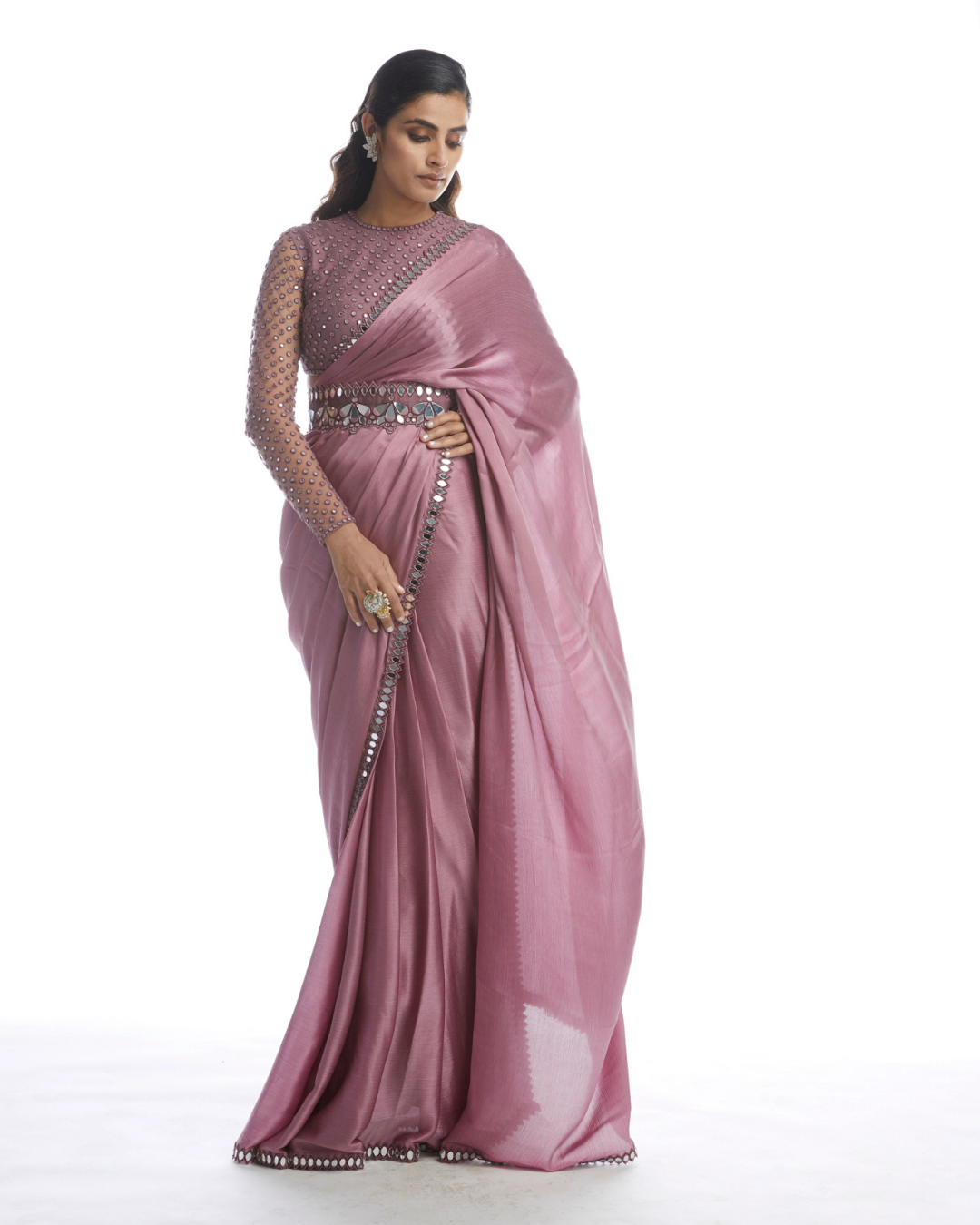Vvani Vats - Old Rose Satin Chiffon Saree from Chamak