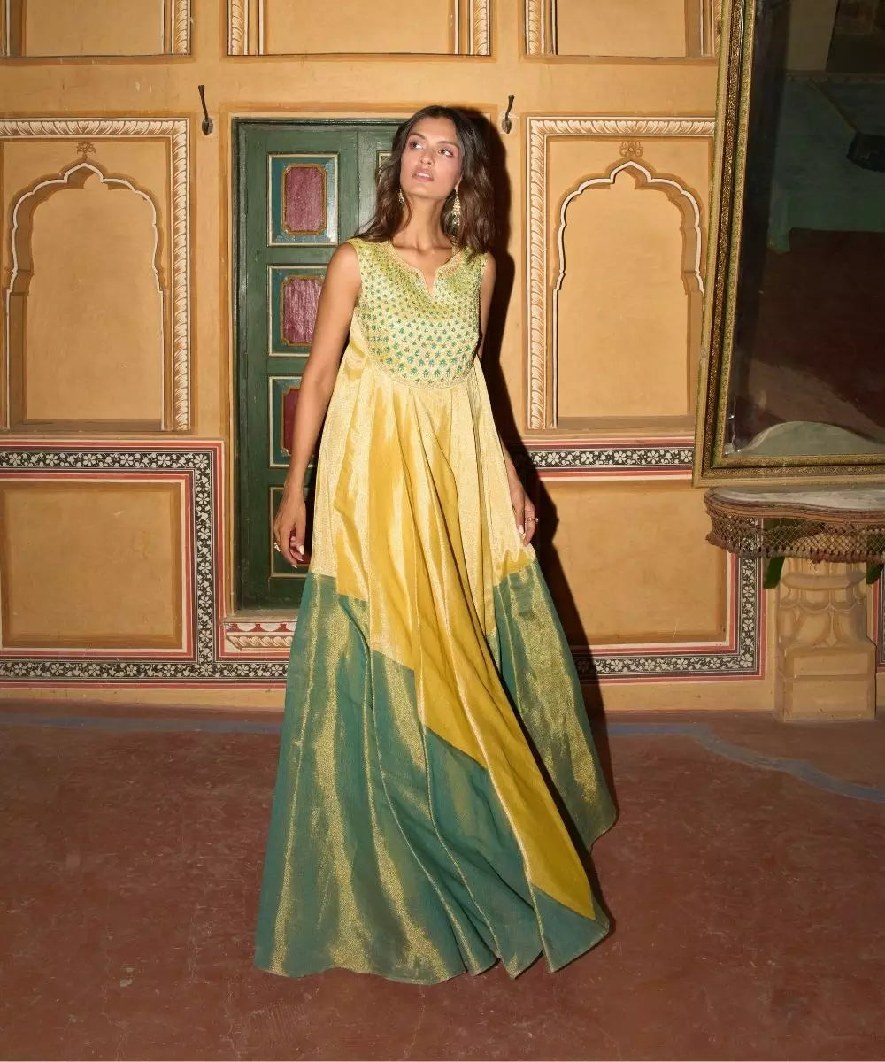 Aditi Gupta - Lemon  yellow and Green Choga in cotton tissue