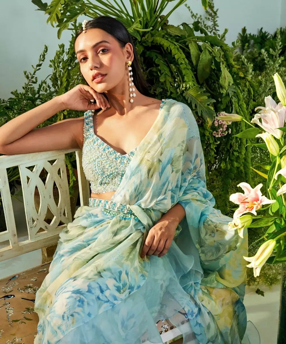 MANI BHATIA - Ice blue floral print Ruffle Saree