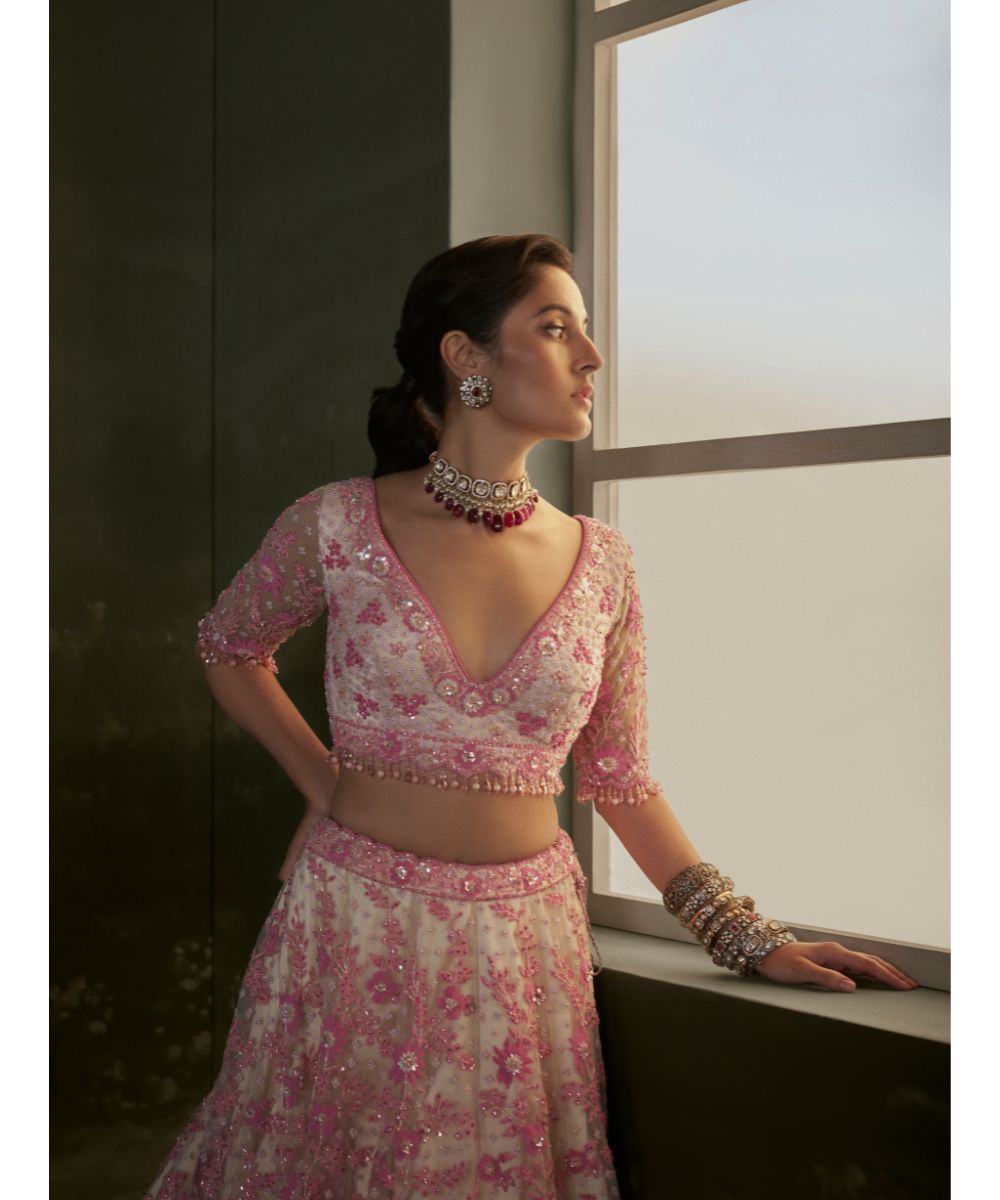NITIKA GUJRAL - Blush pink Net Lehenga Choli Set