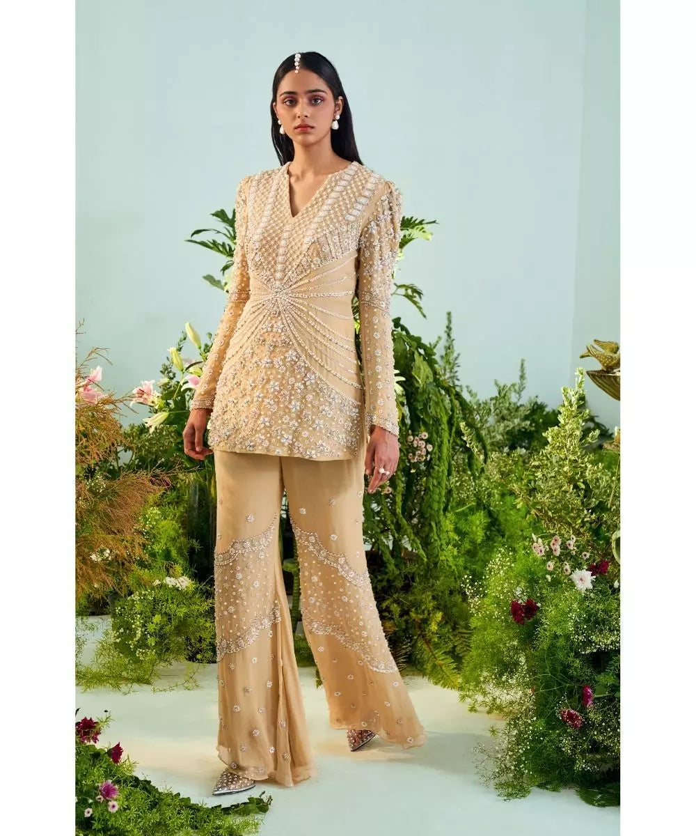MANI BHATIA - Beach sand color Peplum Sharara set Beige embroidered peplum & embroidered sharara set