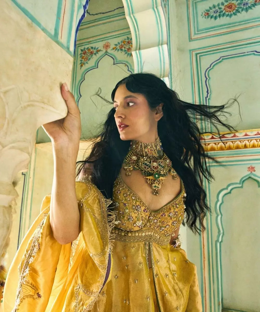 Aditi Gupta - Mustard Yellow pure Zari Tissue Jacket with crushed Silk Skirt Set