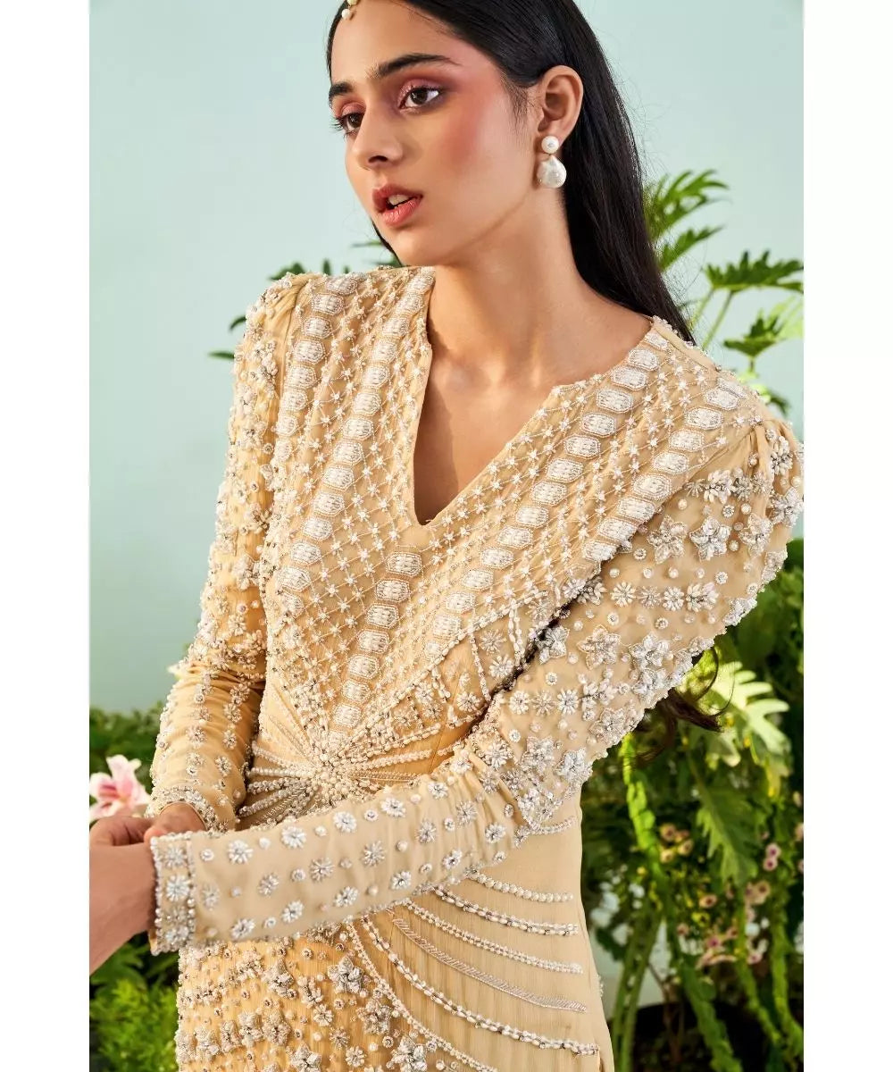 MANI BHATIA - Beach sand color Peplum Sharara set Beige embroidered peplum & embroidered sharara set