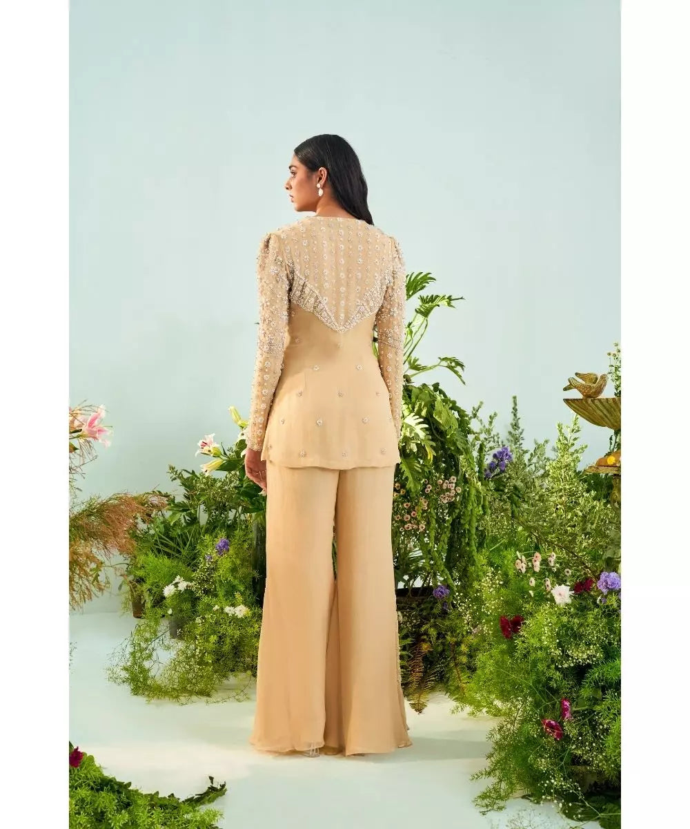 MANI BHATIA - Beach sand color Peplum Sharara set Beige embroidered peplum & embroidered sharara set