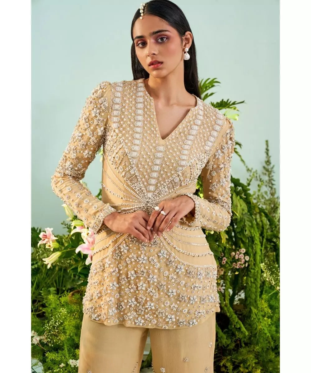 MANI BHATIA - Beach sand color Peplum Sharara set Beige embroidered peplum & embroidered sharara set