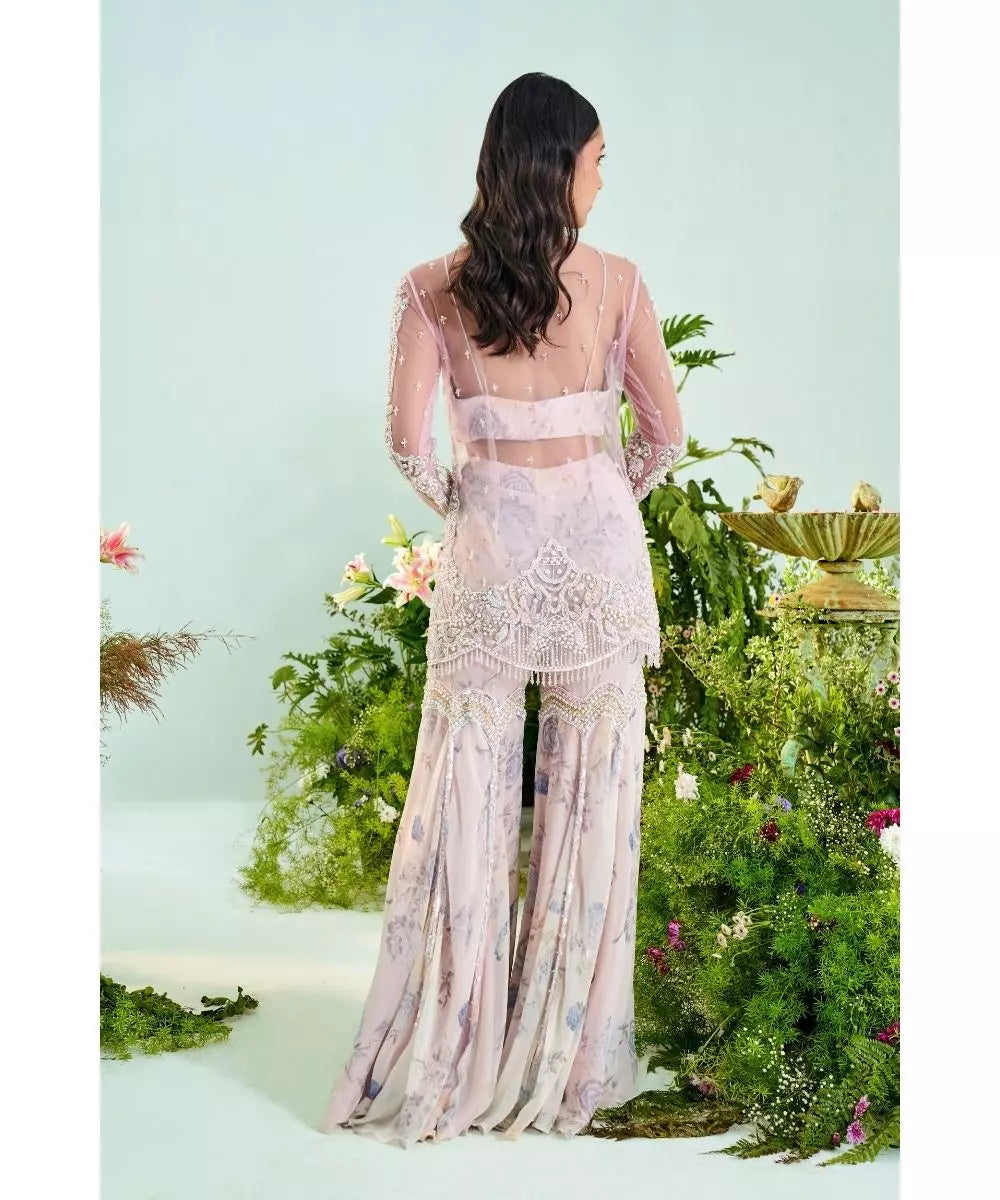 MANI BHATIA - Candy pink Jacket with Ivory print Bustier Gharara set