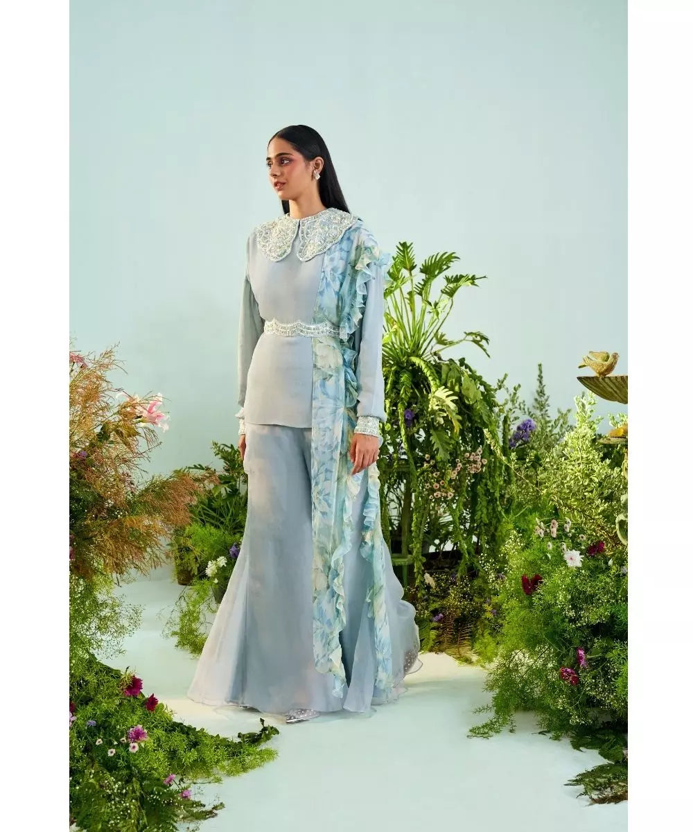 MANI BHATIA - Pale blue Peterpan Collar top & Sharara set