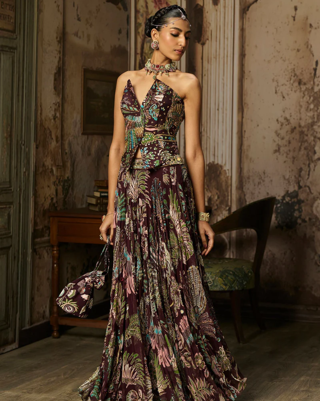 Diya Rajvvir - Plum Print And Highlighted Blouse With Skirt Set from Bahaar
