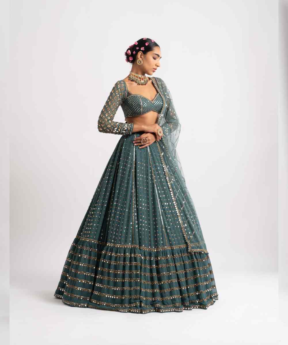 Mud Green Single Tier Lehenga Set - Collection name Rang by Vvani vats