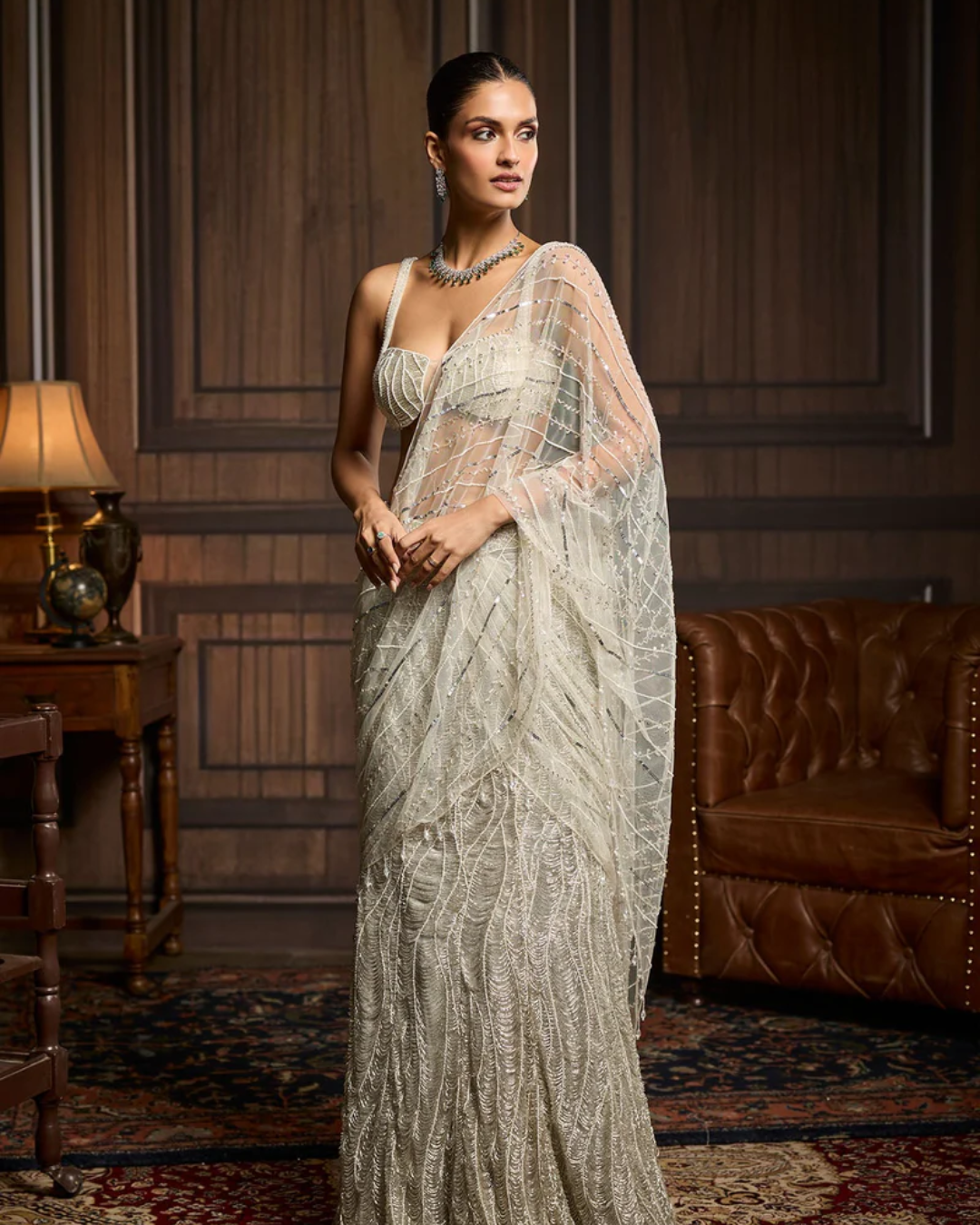 Diya Rajvvir - Silver Fully Embellished Pre-Draped Skirt Saree Set from Taara
