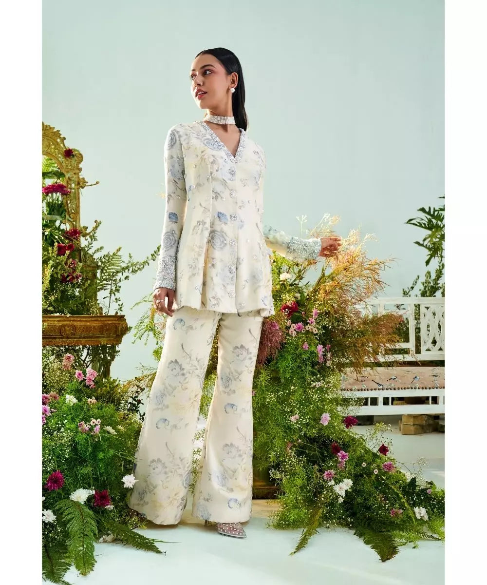 MANI BHATIA - Ivory Vintage Roses Print Peplum top with Flared Pants