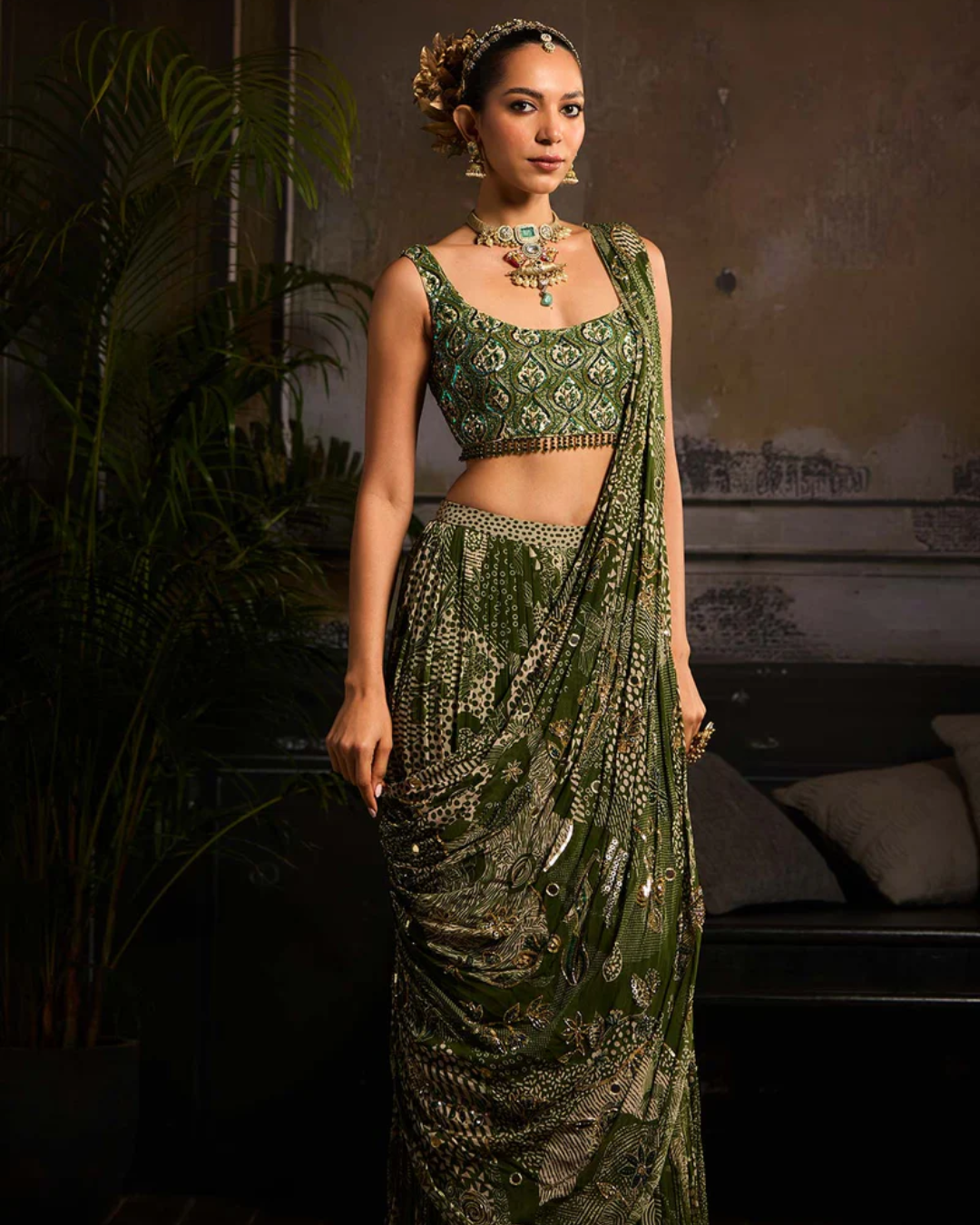 Diya Rajvvir - Sage Green Print and Highlighted Skirt Saree Set from Bahaar