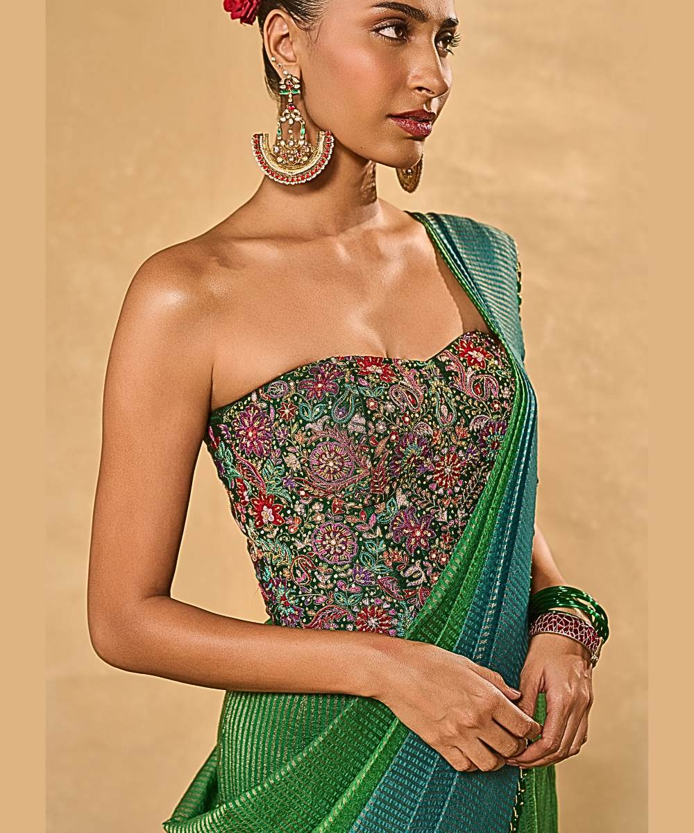 ASMA SAREE - Green to blue ombre tissue jamewar pre-draped saree -  Leher by Chamee and Palak