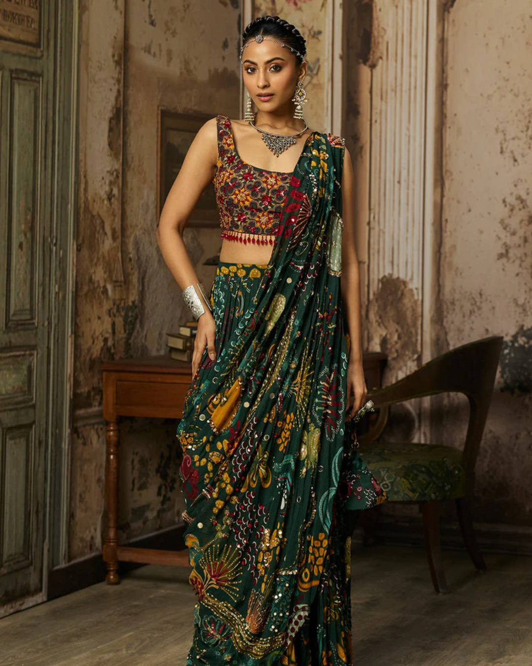 Diya Rajvvir - Dark Green Printed And Highlighted Tiered Skirt Saree Set from Bahaar