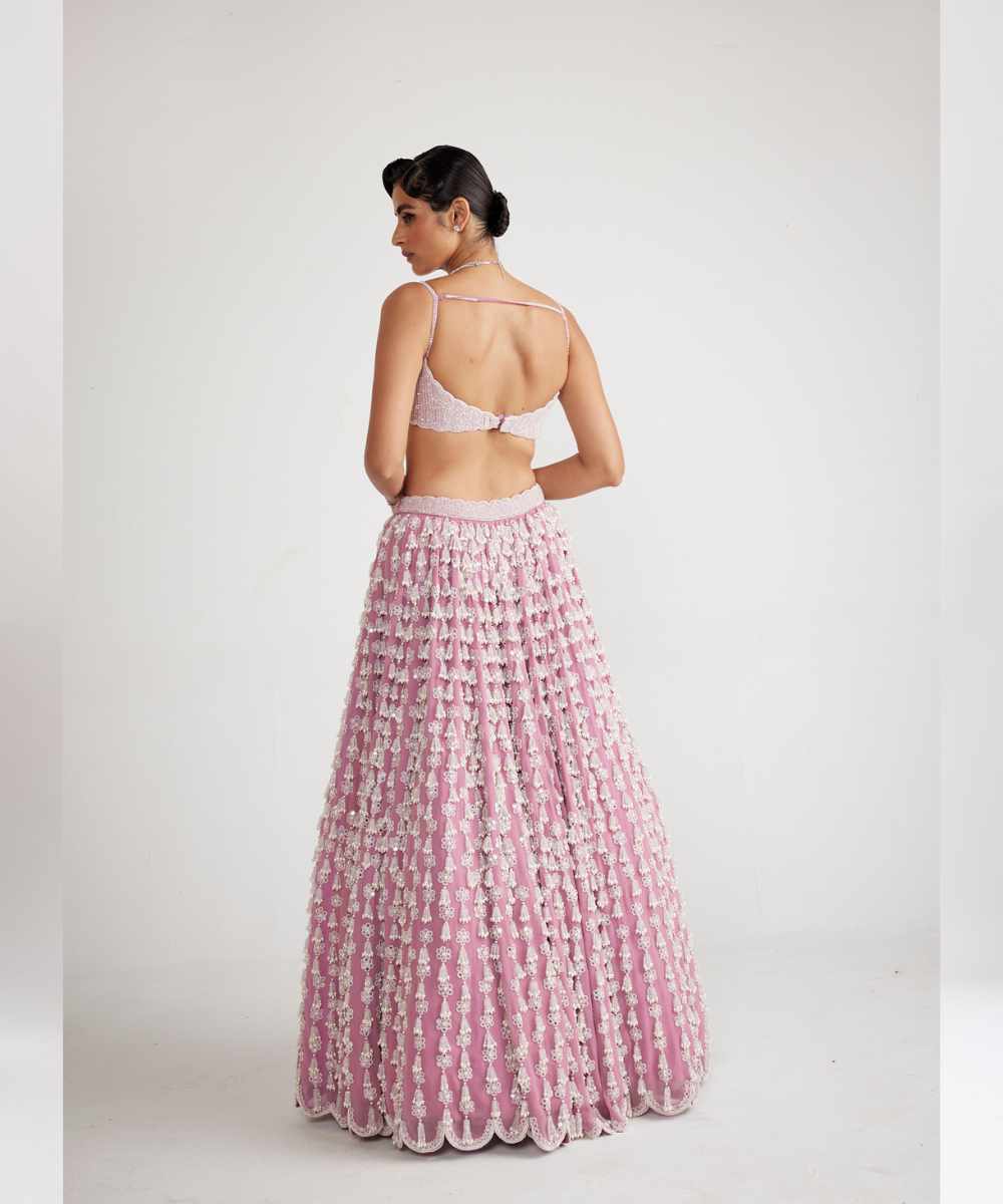Onion Pink Chandelier Pearl Drop Lehenga Set -  Collection name Piroi by Vvani vats