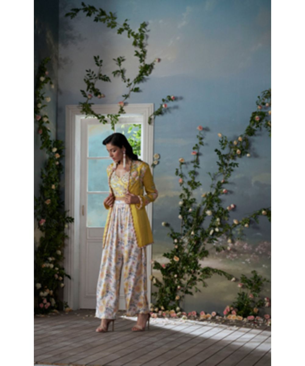 NITIKA GUJRAL - Yellow Jacket Trouser Set With Corset