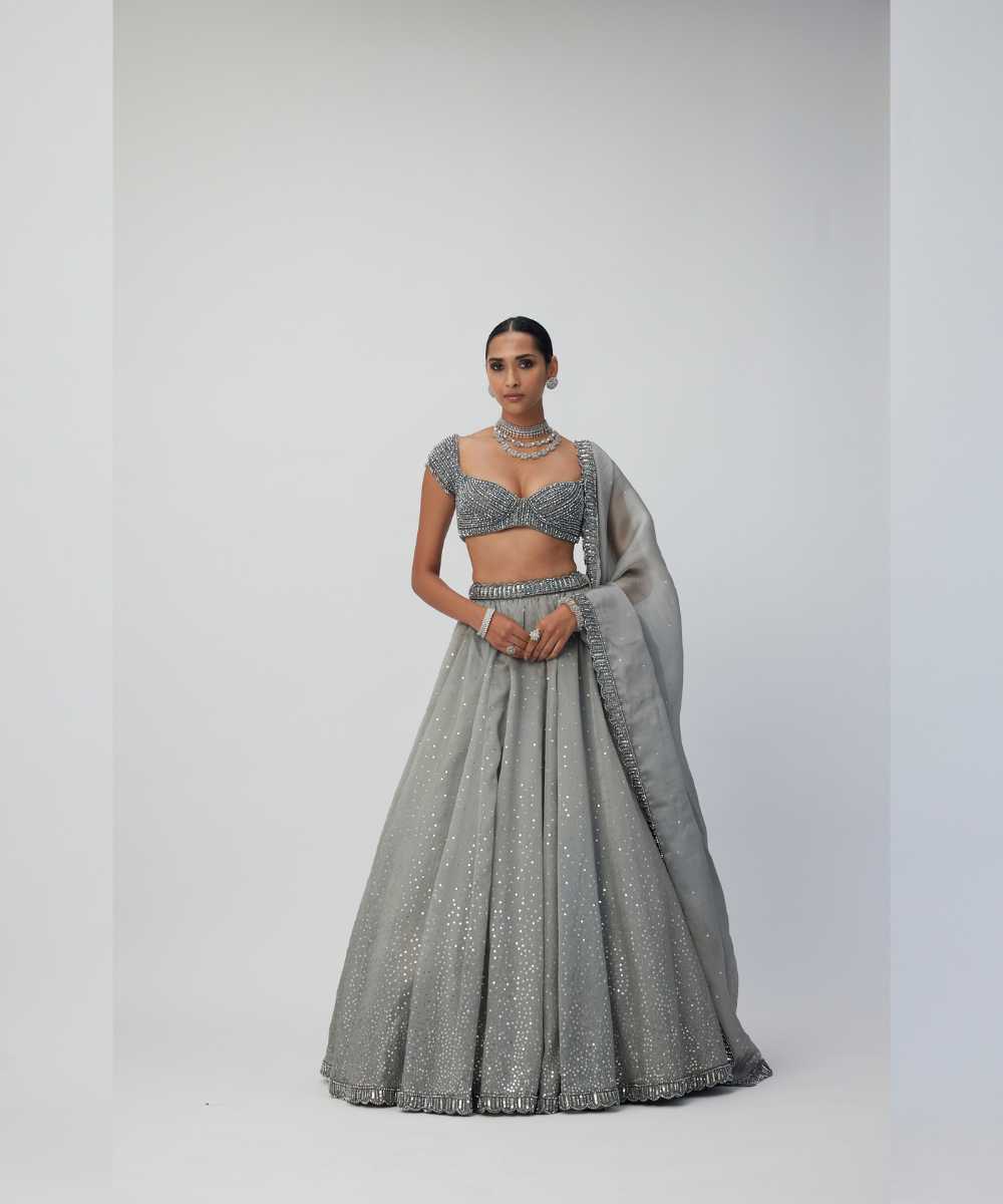 Crystal Grey Sequins Scattered Organza Lehenga Set - Collection name Maya by Vvani Vats