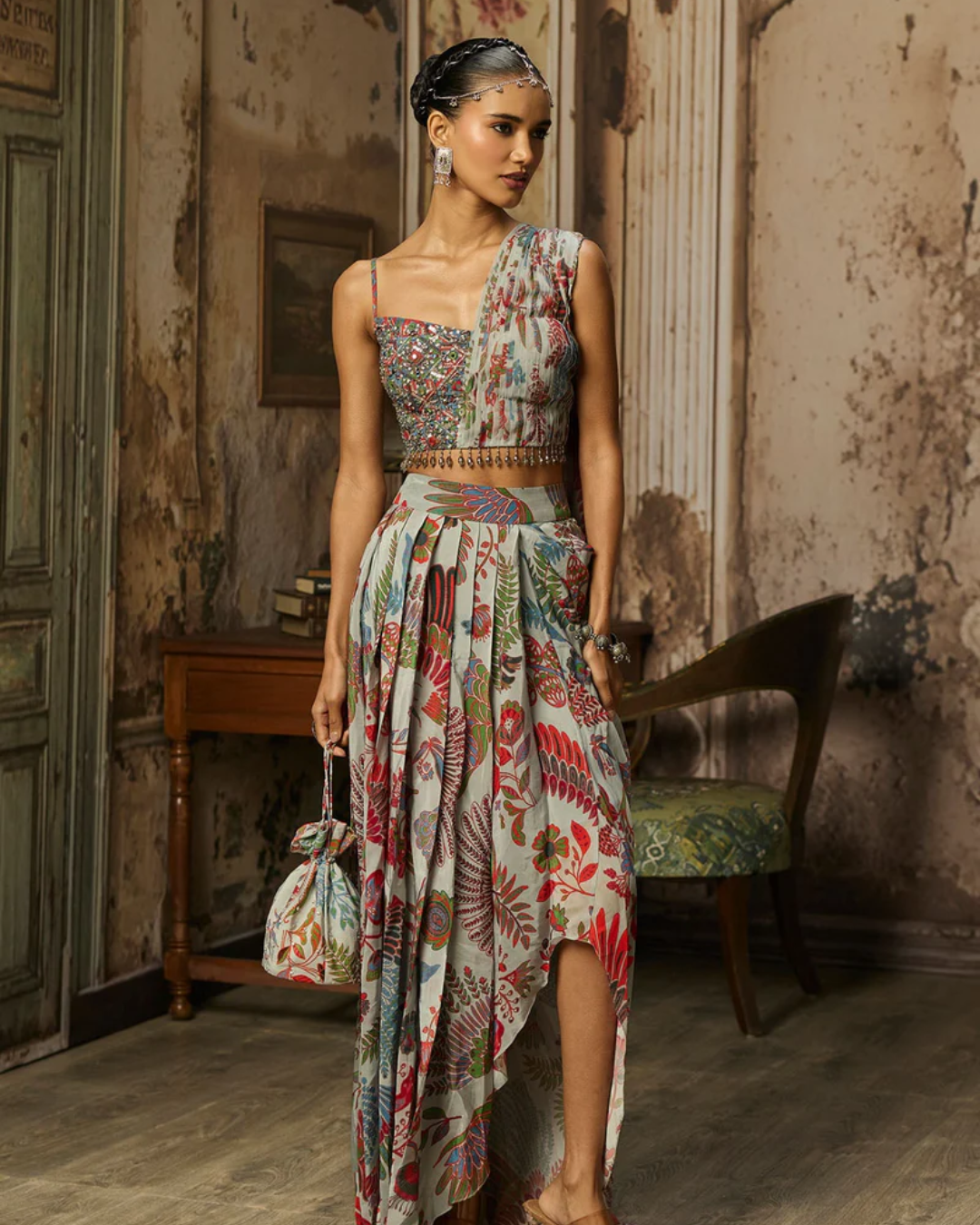 Diya Rajvvir - Slate Grey Printed Drape Asymmetric Crop Top And Skirt Set from Bahaar