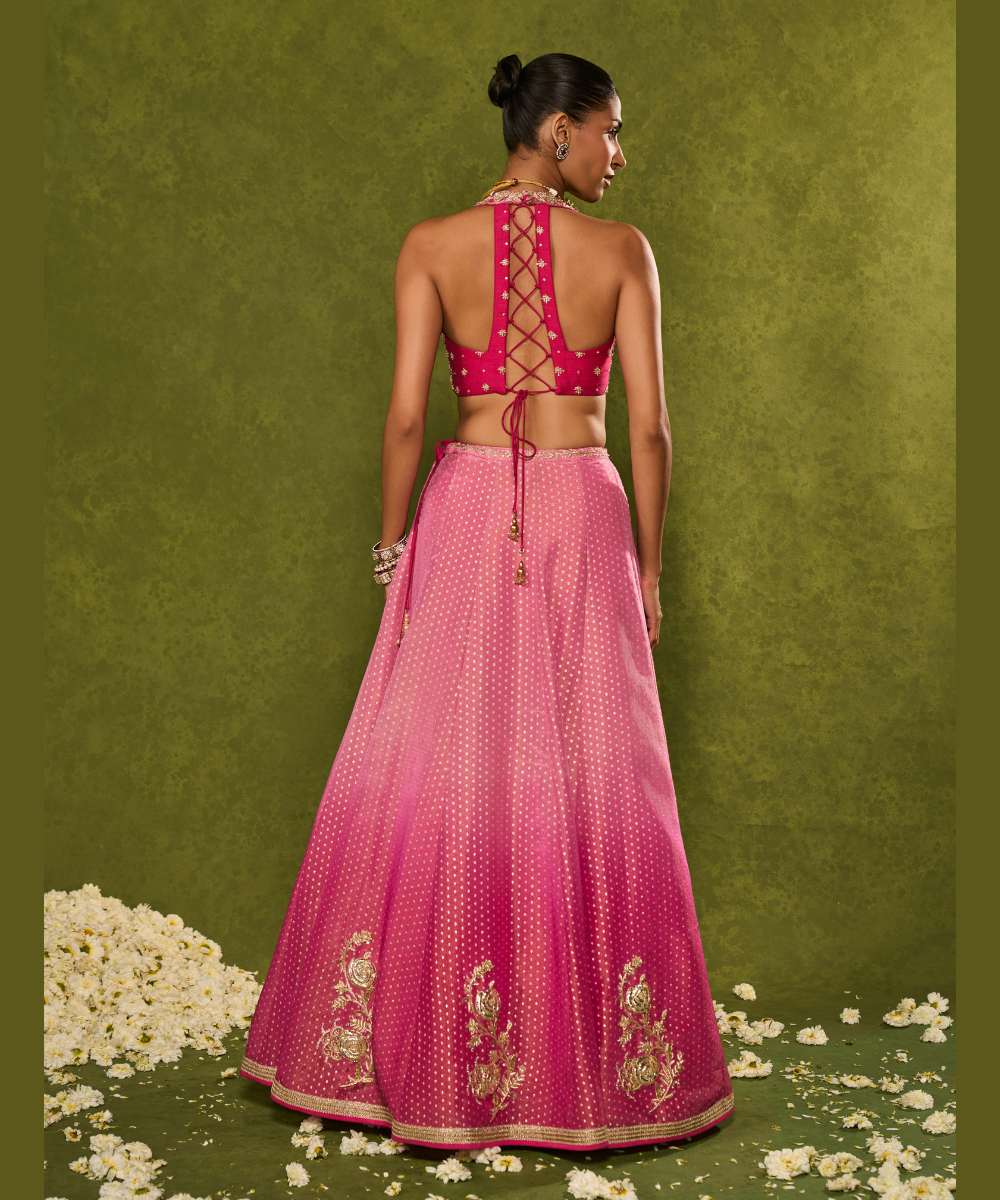 INARA LEHENGA - Light-to-dark pink ombré tissue jamewar lehenga -  Leher by Chamee and Palak