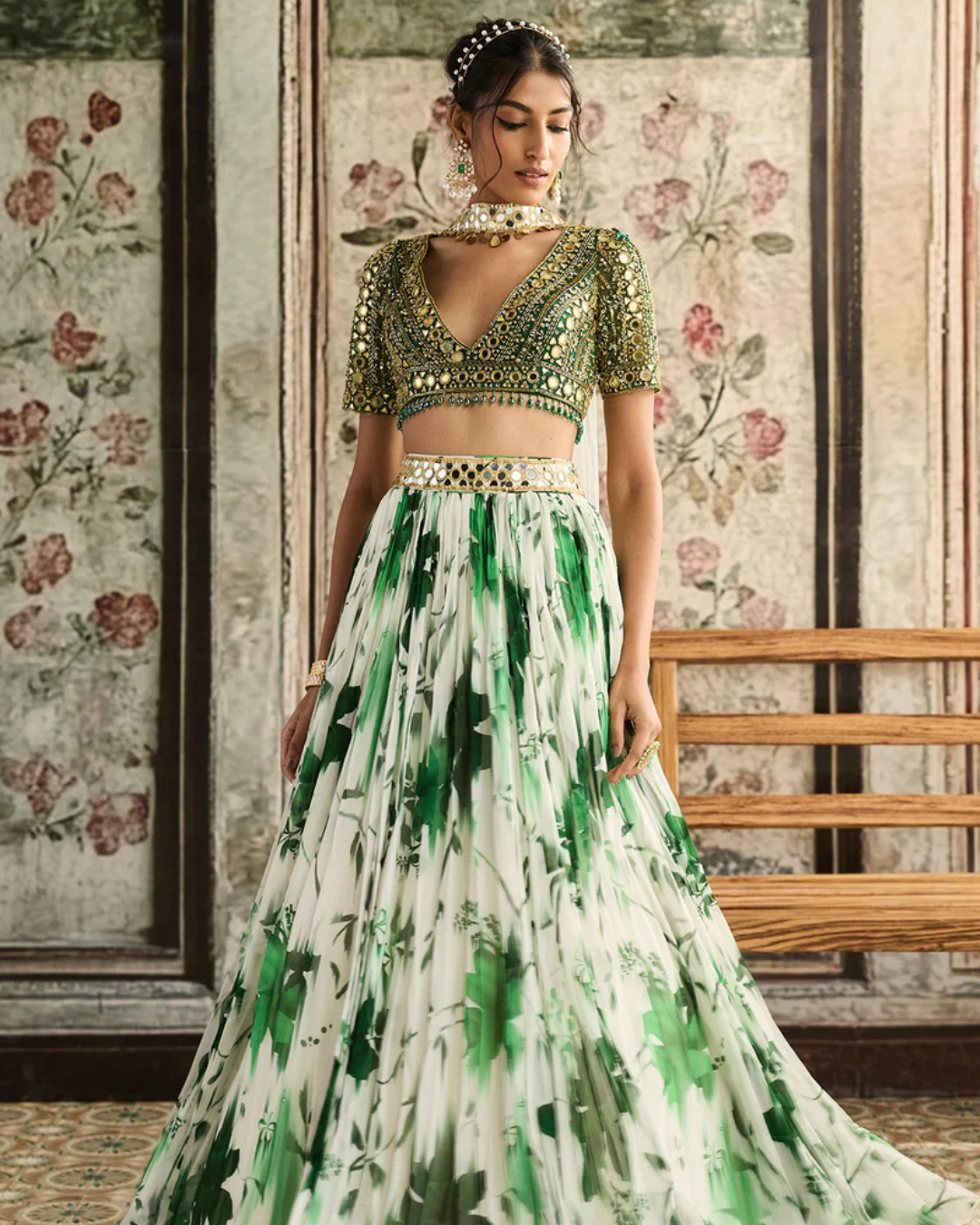 Diya Rajvvir - Ivory & Green Floral Printed Lehenga Set from Bahaar