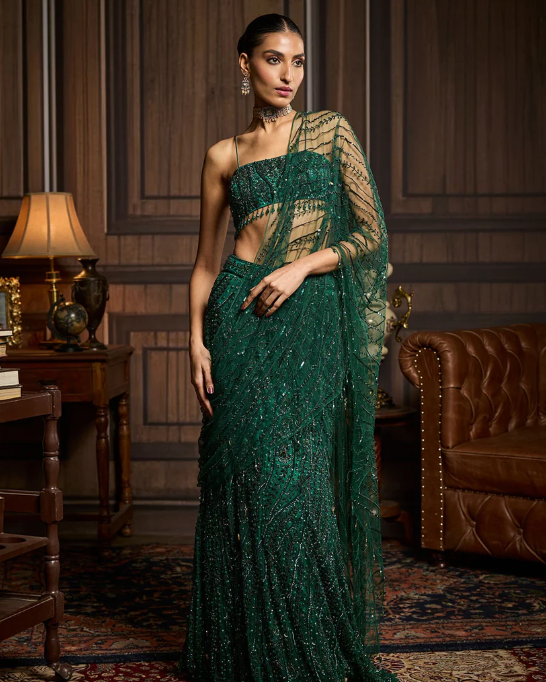 Diya Rajvvir - Emerald Green Embellished Blouse And Pre-Draped Saree Set from Taara
