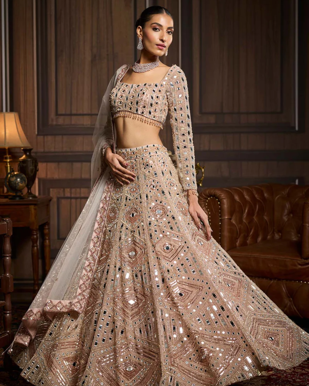 Diya Rajvvir - Blush Pink Embellished Mirrorwork Lehenga Set from Taara
