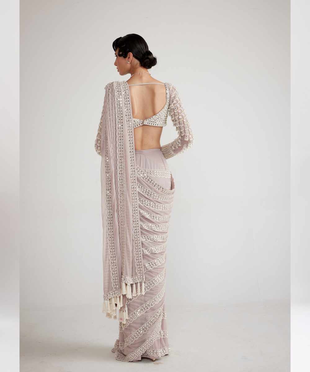 Ash Pink Chandelier Pearl Drop Saree Set - Collection name Piroi by Vvani vats