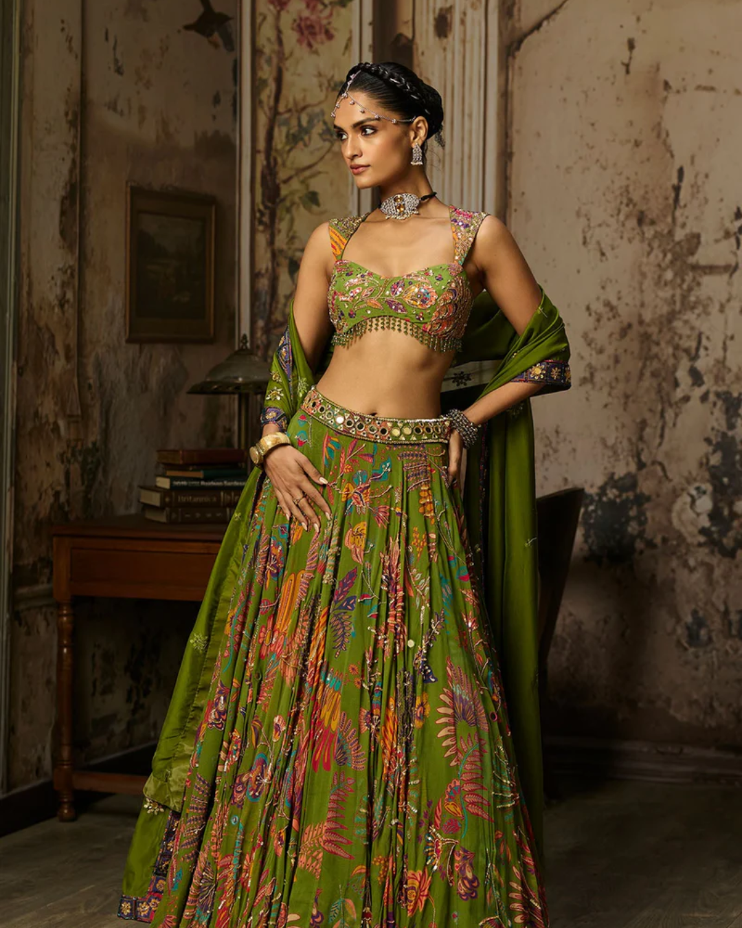 Diya Rajvvir - Pear Green Printed And Highlighted Lehenga Set from Bahaar