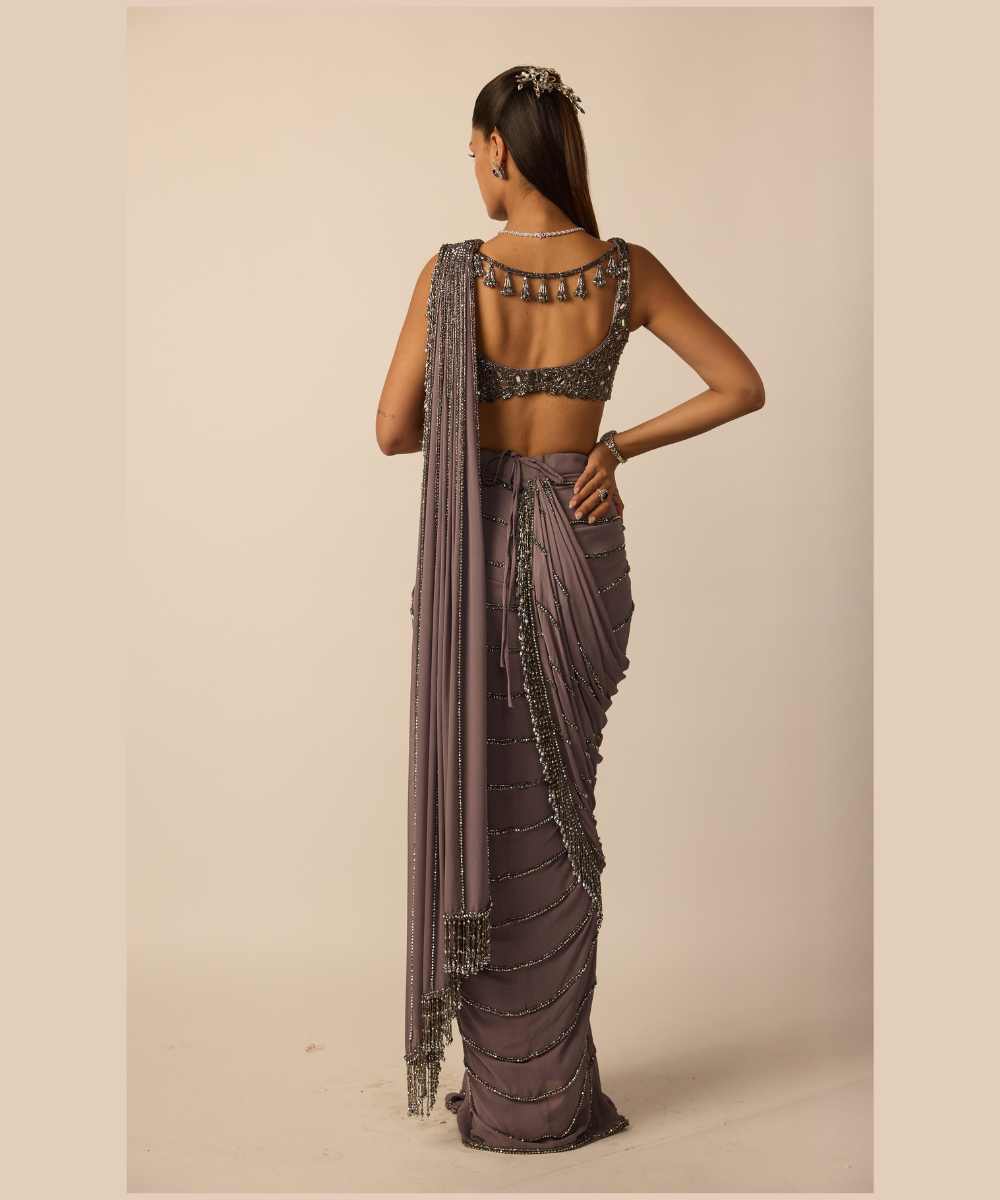 Metallic Grey Linear Draped Saree