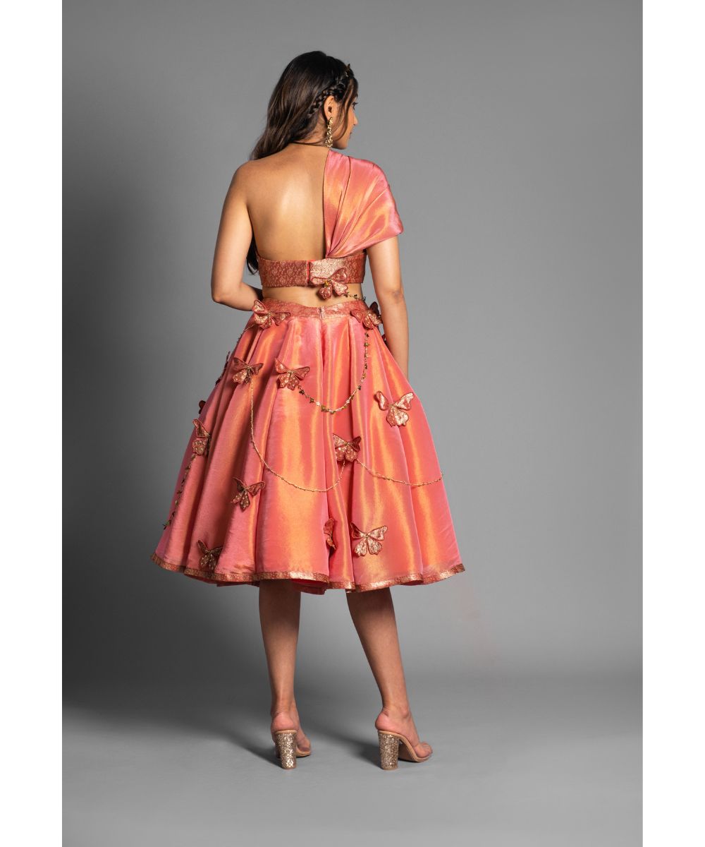 Crimson Red tissue Brocade Blouse complementing Tissue Skirt