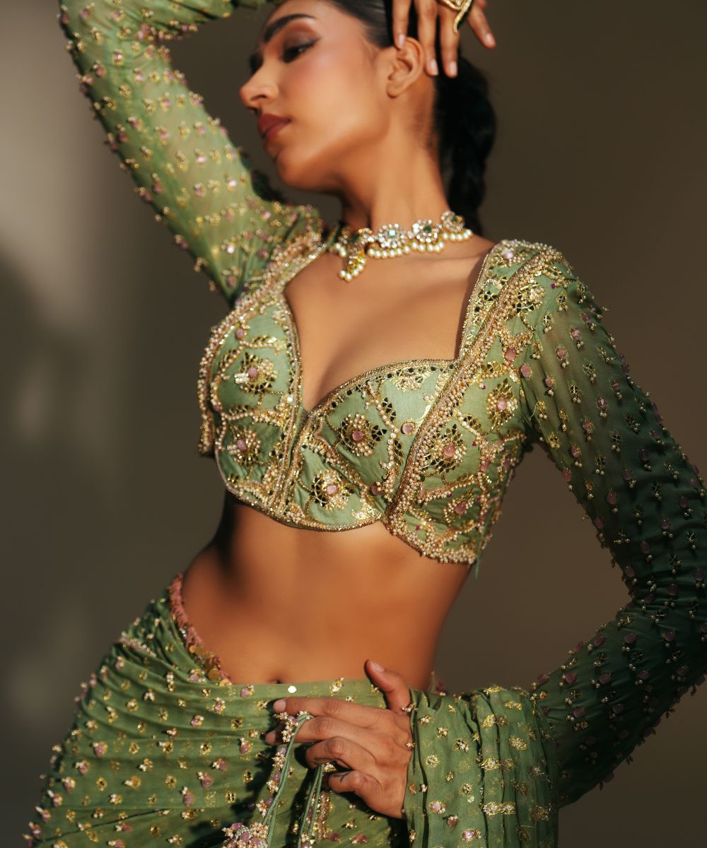 UNNATI - HEAVY HAND EMBROIDERED PREDRAPED SAREE PAIRED WITH FULL SLEVEES BLOUSE - Mehfil by Mahima Mahajan