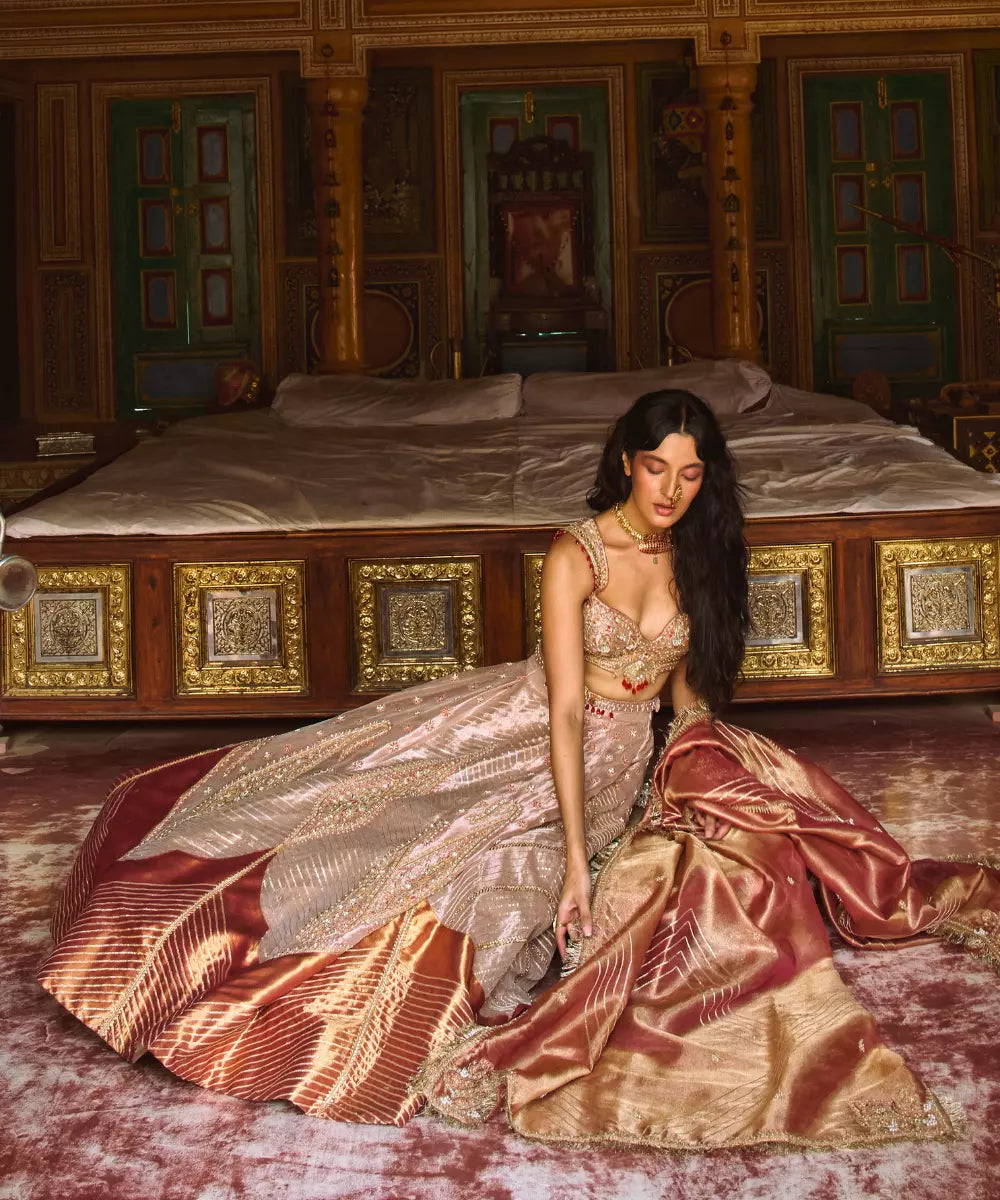 Aditi Gupta - Rose Gold pure zari tissue with rose pink tissue dupatta Lehenga Set