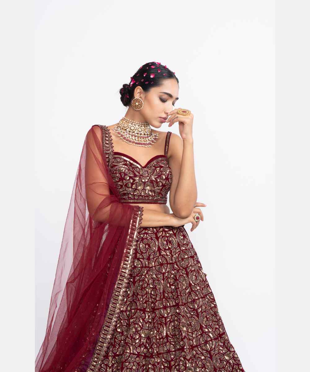 Maroon fully embroidered corset lehenga set