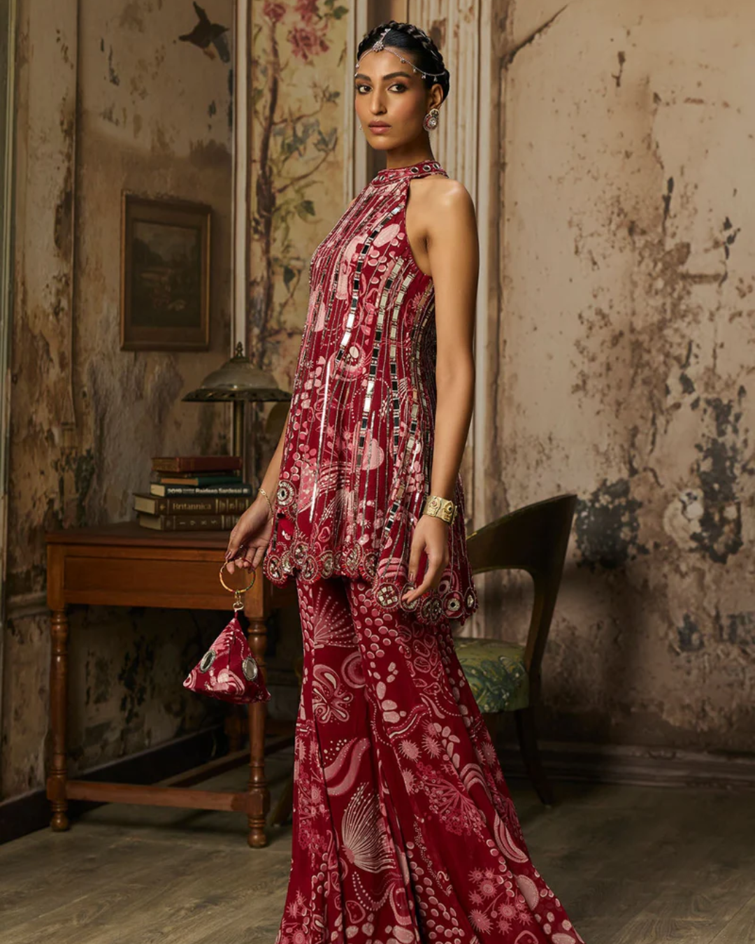 Diya Rajvvir - Scarlet Red Printed And Highlighted Peplum Set from Bahaar