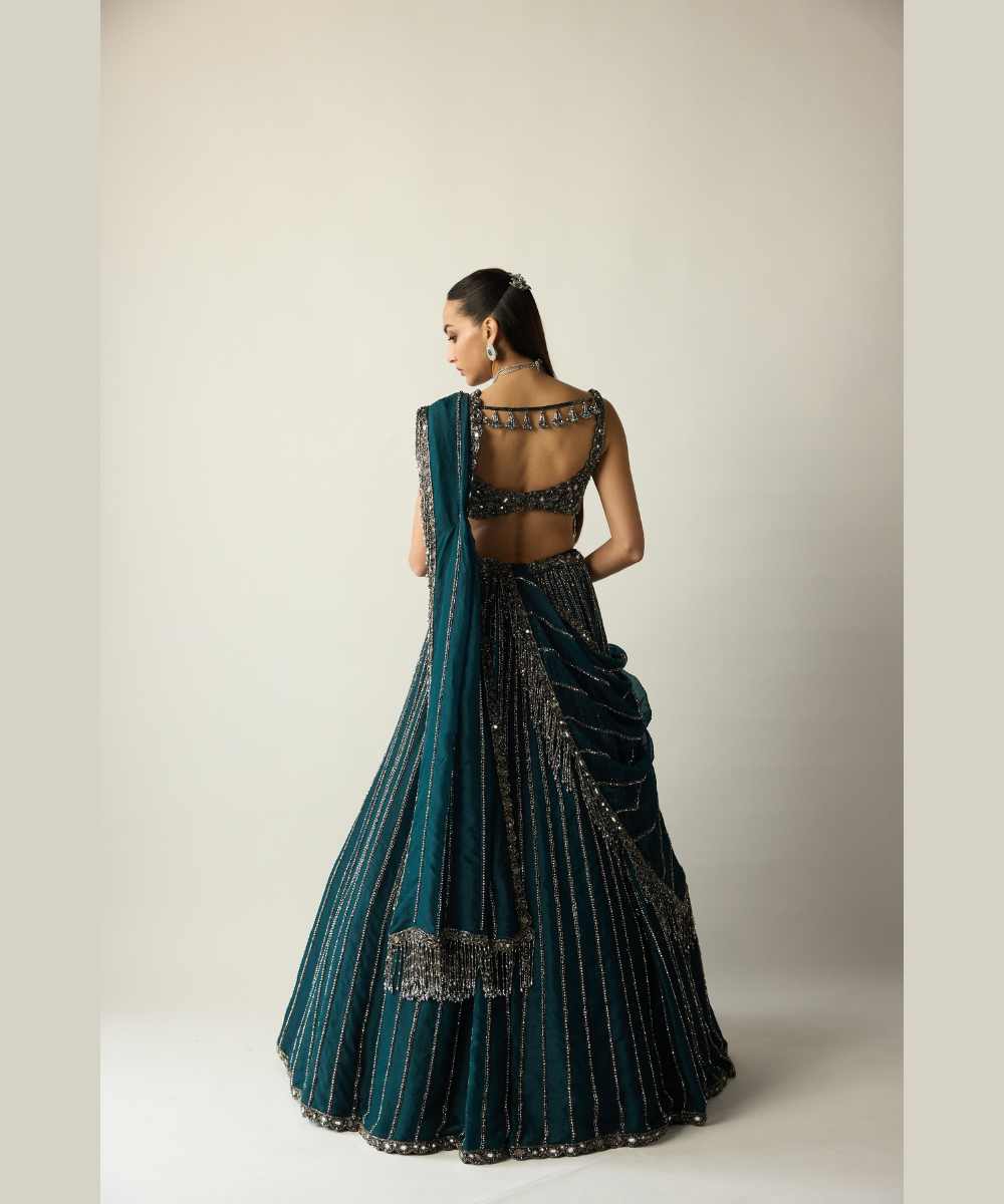 Dark Teal Linear Lehenga Set