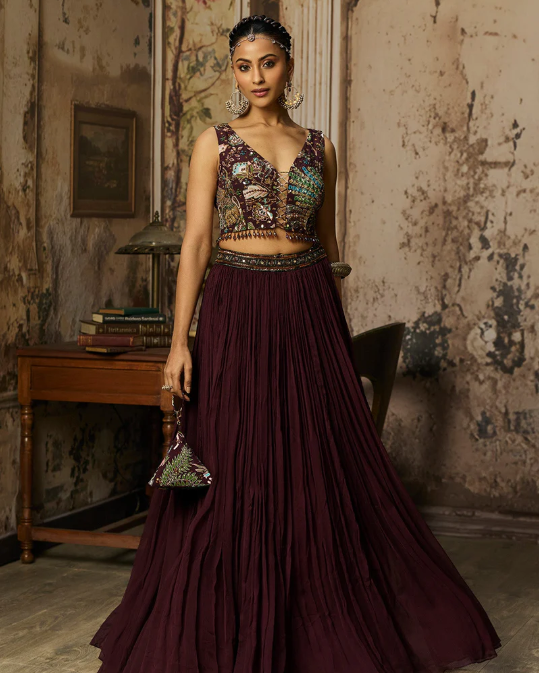 Diya Rajvvir - Plum Print And Highlighted Blouse With Skirt Set from Bahaar