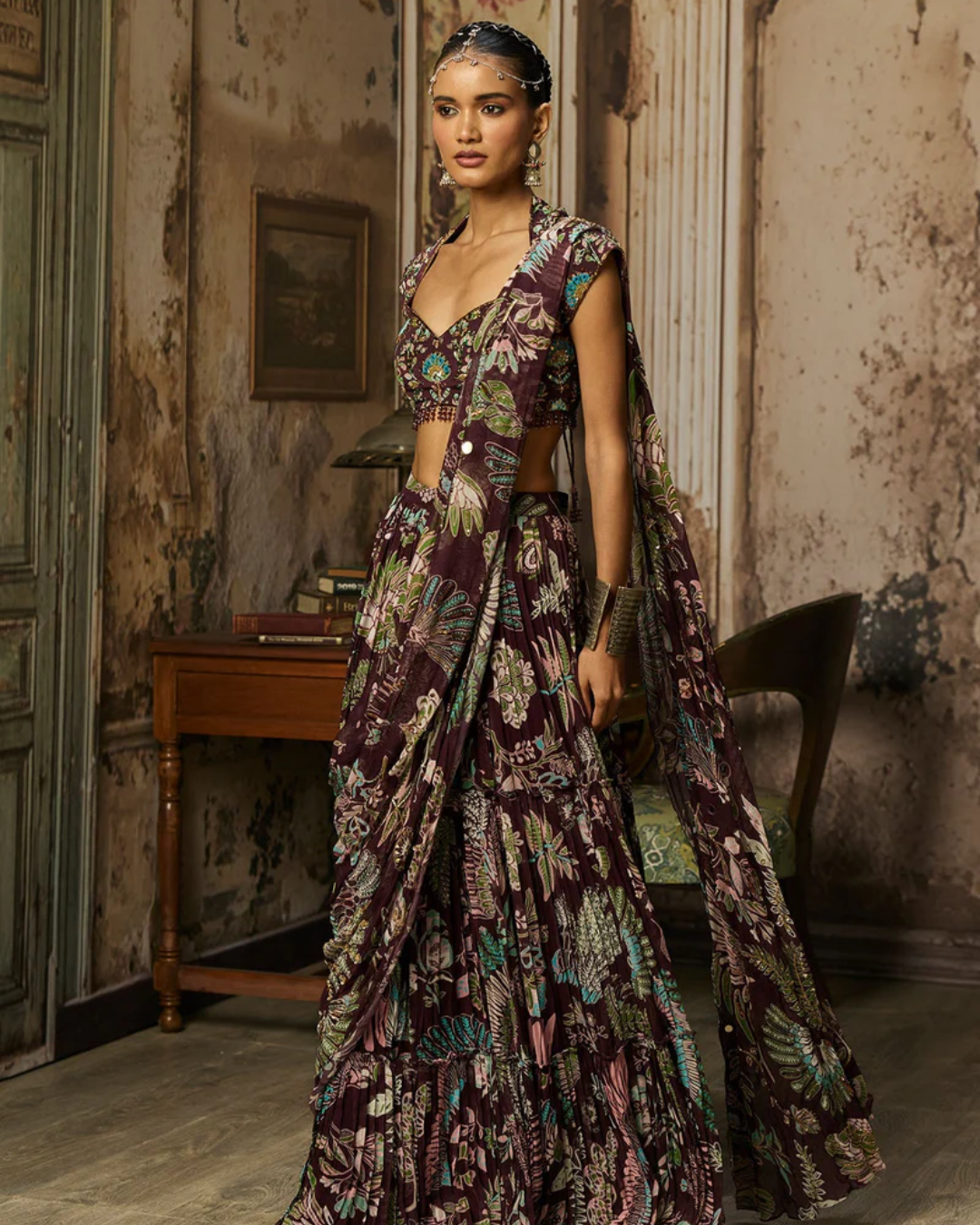 Diya Rajvvir - Plum Print And Highlighted Tiered Skirt Saree Set from Bahaar