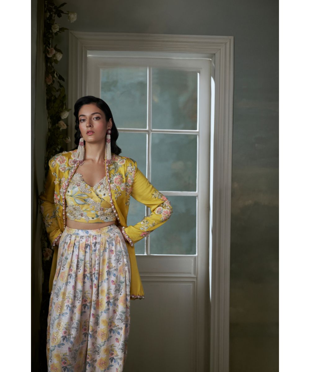 NITIKA GUJRAL - Yellow Jacket Trouser Set With Corset