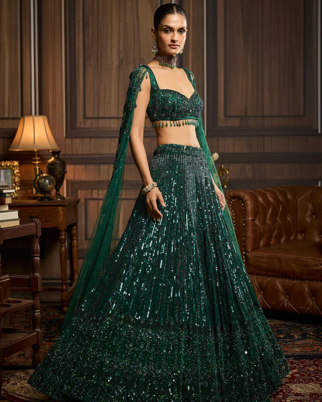 Diya Rajvvir - Emerald Green Embellished Lehenga Set from Taara