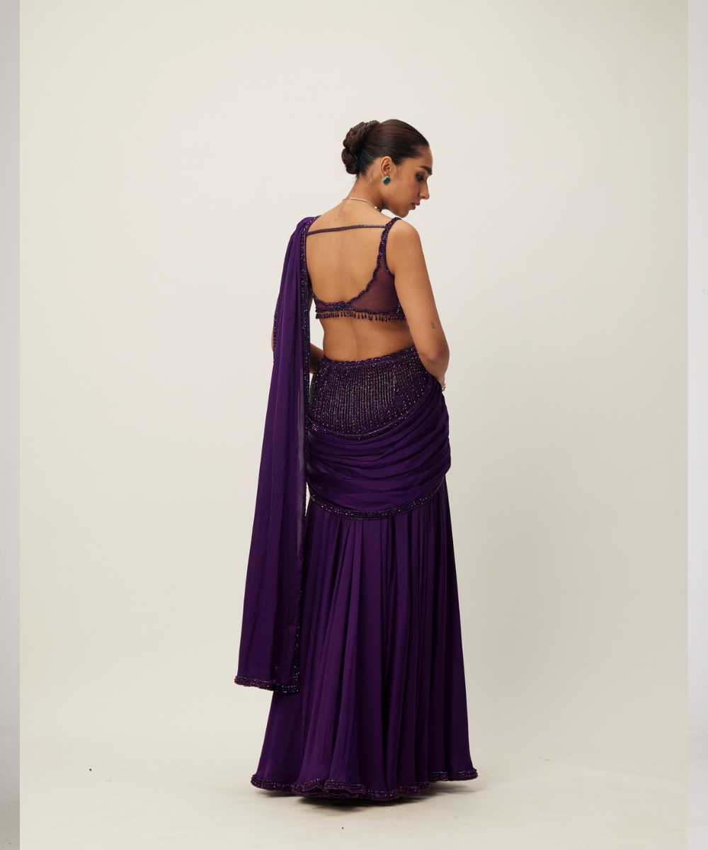 Royalty Purple Pre Draped Crystal beaded Saree Set -  Collection name Maya by Vvani Vats