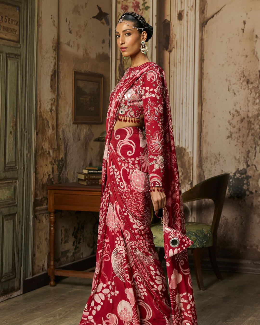 Diya Rajvvir - Scarlet Red Printed And Highlighted Dhoti Skirt Saree Set from Bahaar