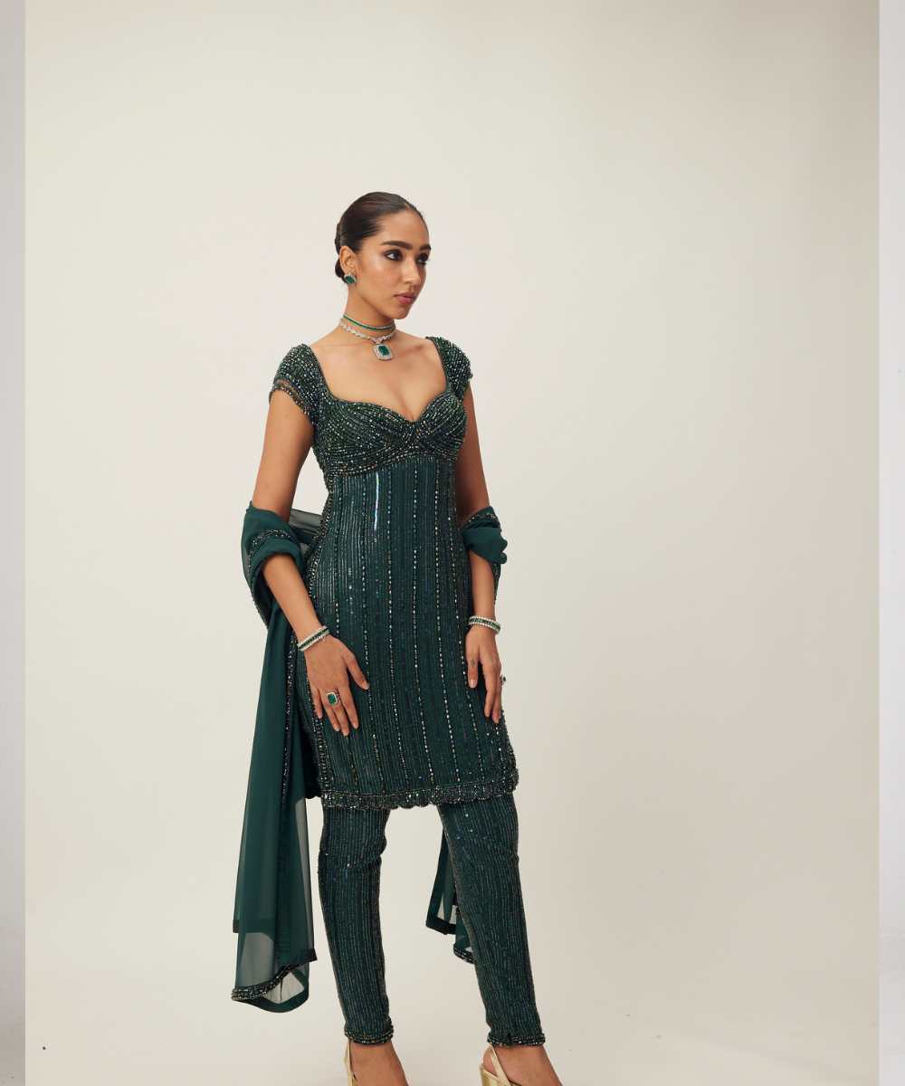 Dark Jade Green crystal Embellished Kurta Set - Collection name Maya by Vvani Vats