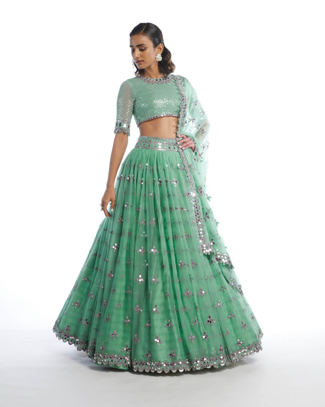 Vvani Vats -  Dull Mint Kinfe Pleated Lehanga Set from Chamak