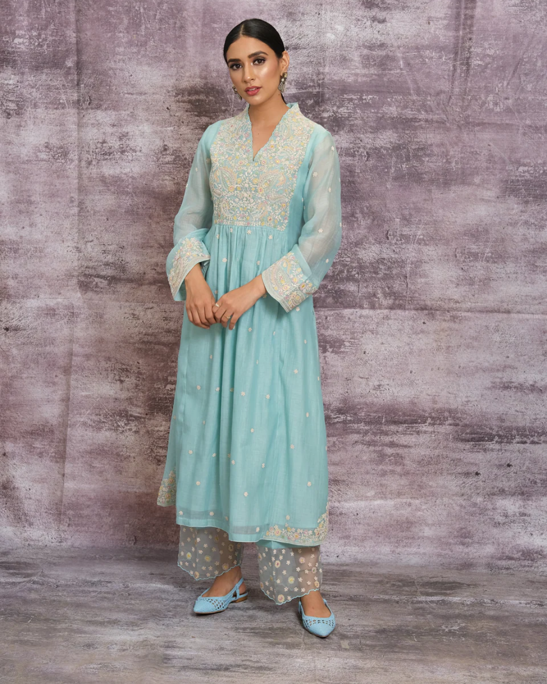 Niti Bothra - Light Blue Dori Paisley Frock Style Kurta Set (Sale Piece)