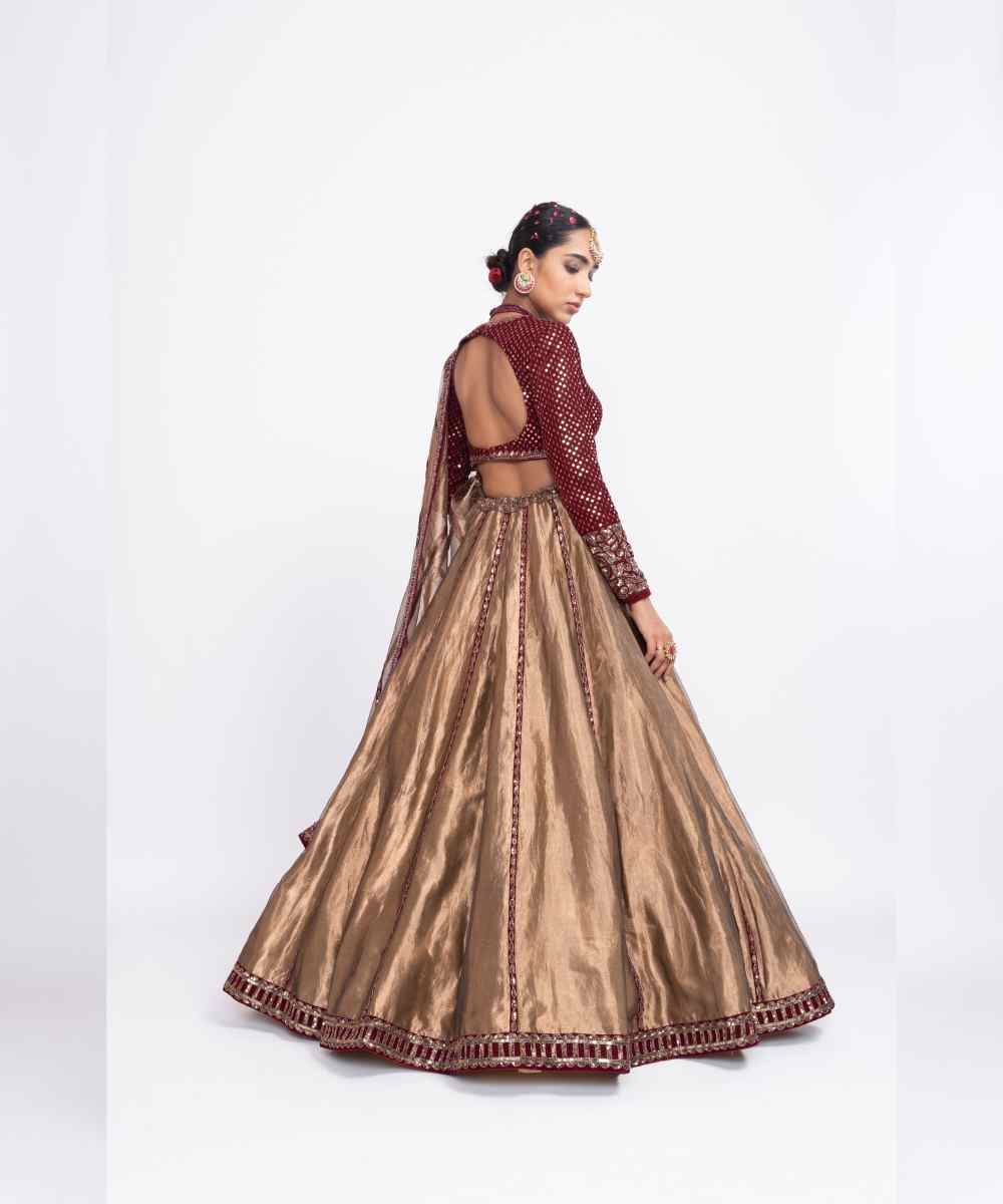 Maroon copper tissue lehenga set