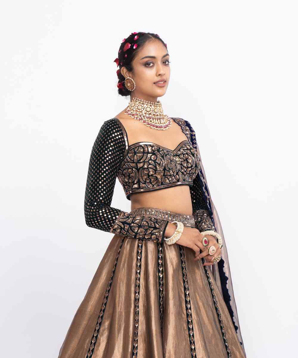 Deep green copper tissue lehenga set